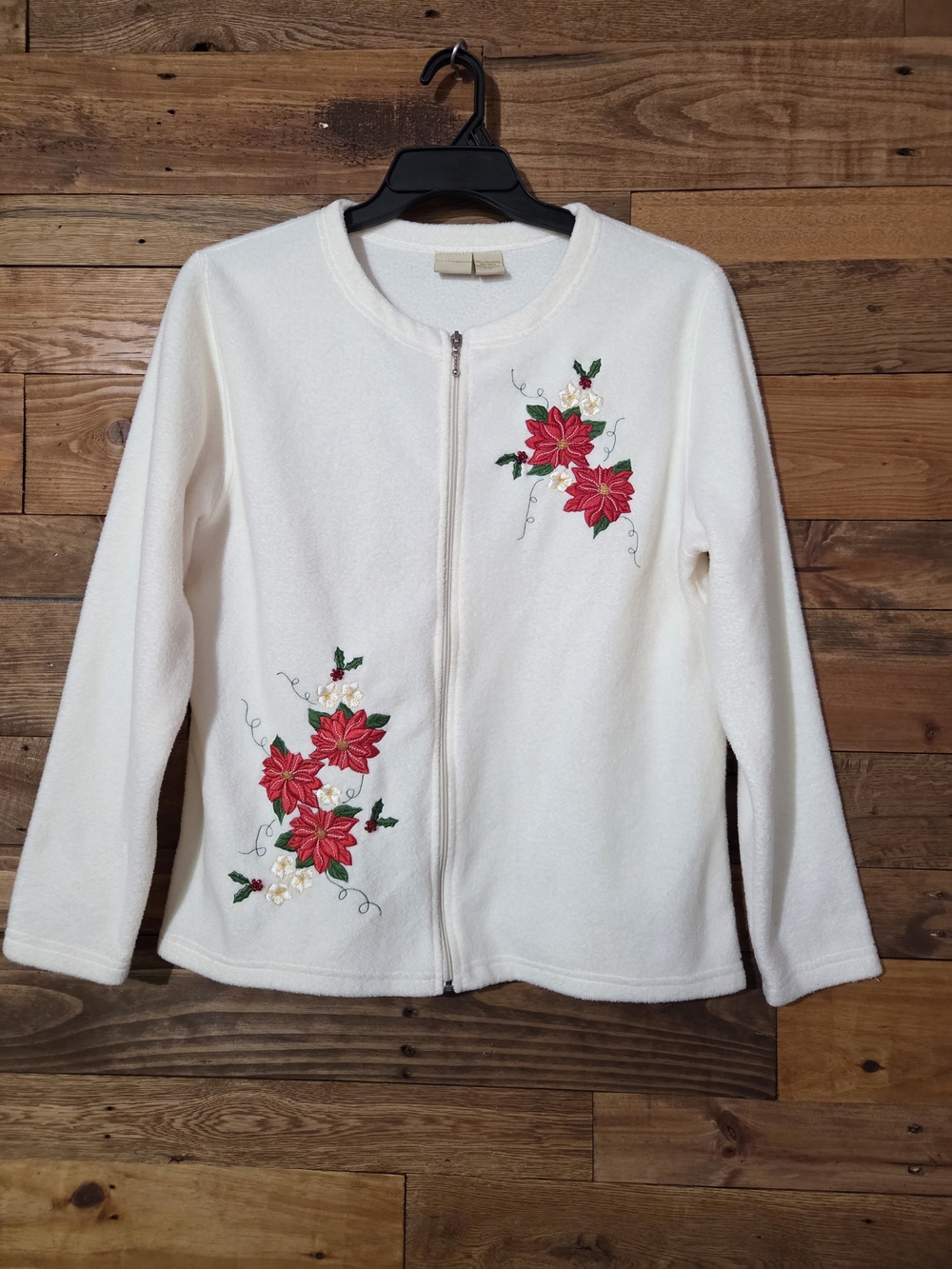 Embroidered Poinsettia Beaded Fleece Christmas Zip Up Cozy Jacket Cream Size L